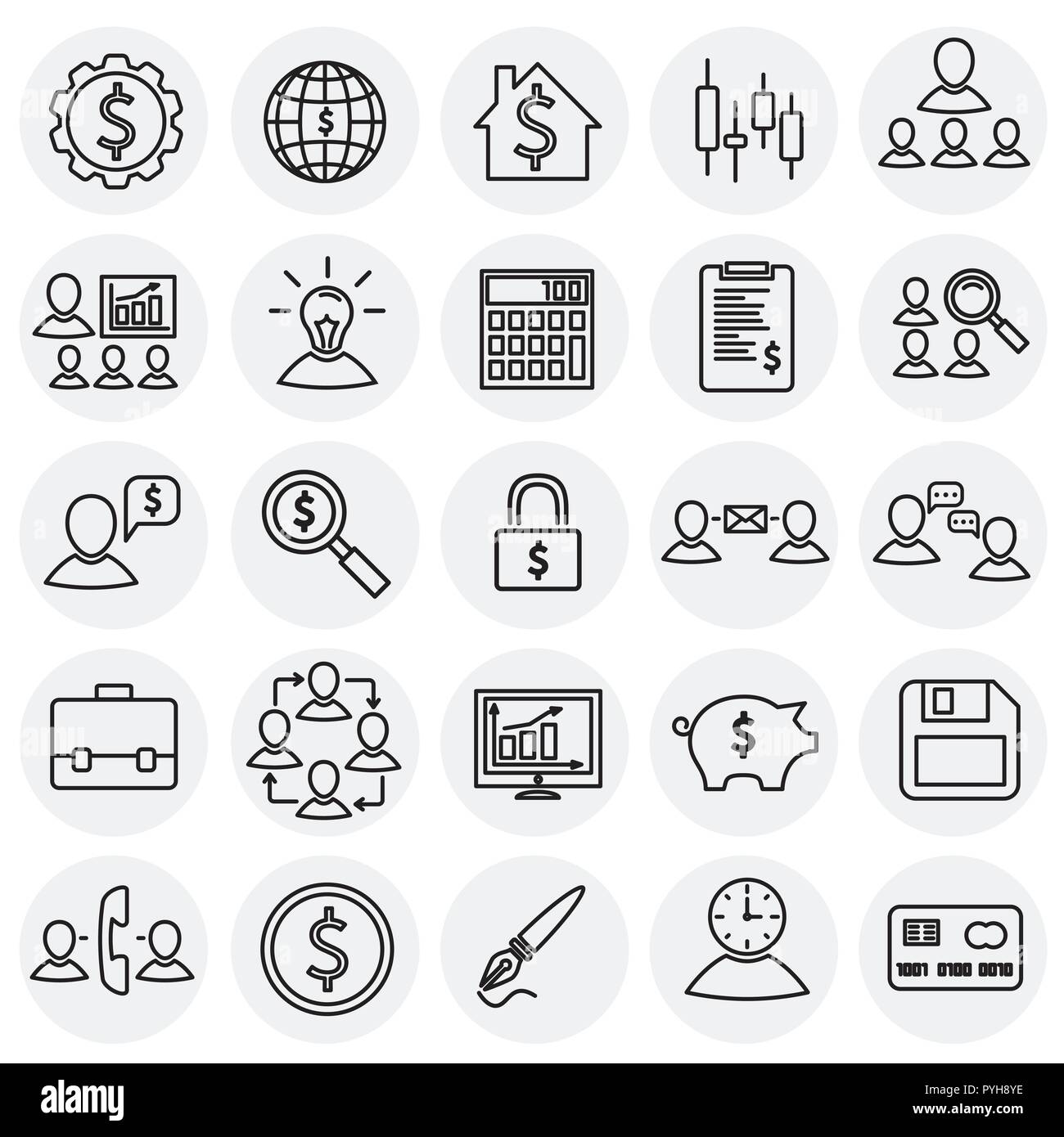 Thin line Business and finance set on circles white background Stock ...