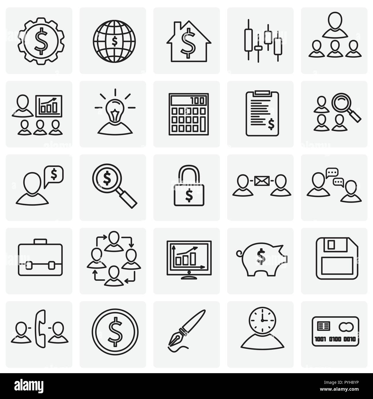 Thin line Business and finance set on squares white background Stock ...
