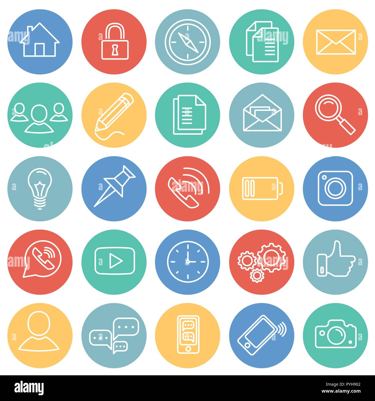 Social communication set on circles color background Stock Vector