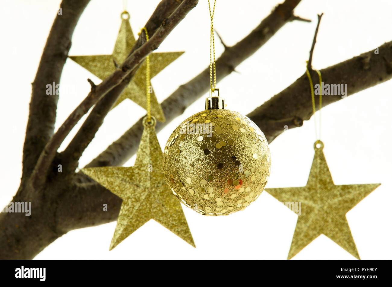 Golden Christmas Stars And Baubles Hanged On Tree Branch Stock Photo Alamy