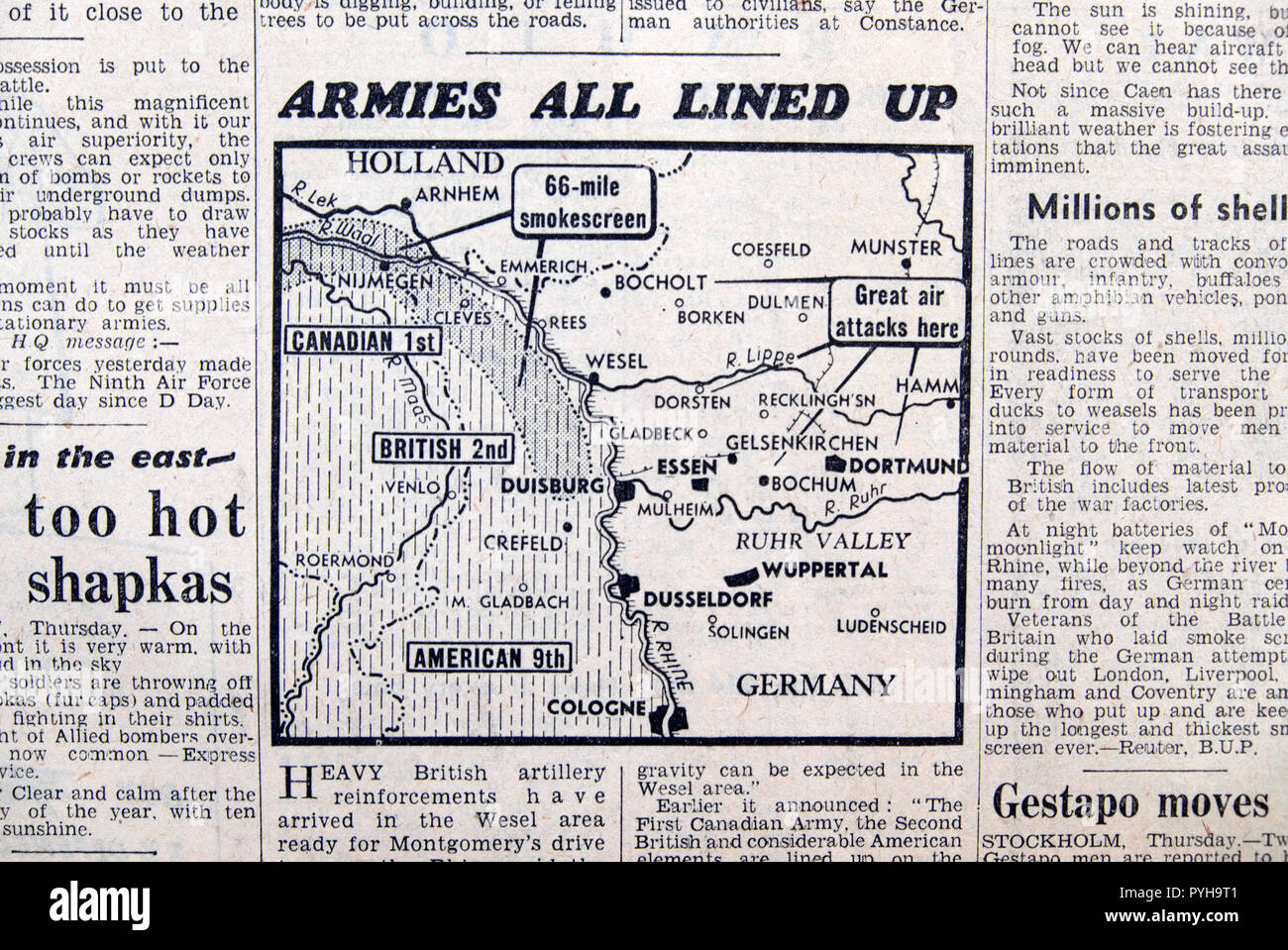 'Armies All Lined Up' WWII map of Rhine in Germany & Holland in a Daily Express newspaper Second World War article on March 23 1945 London England UK Stock Photo
