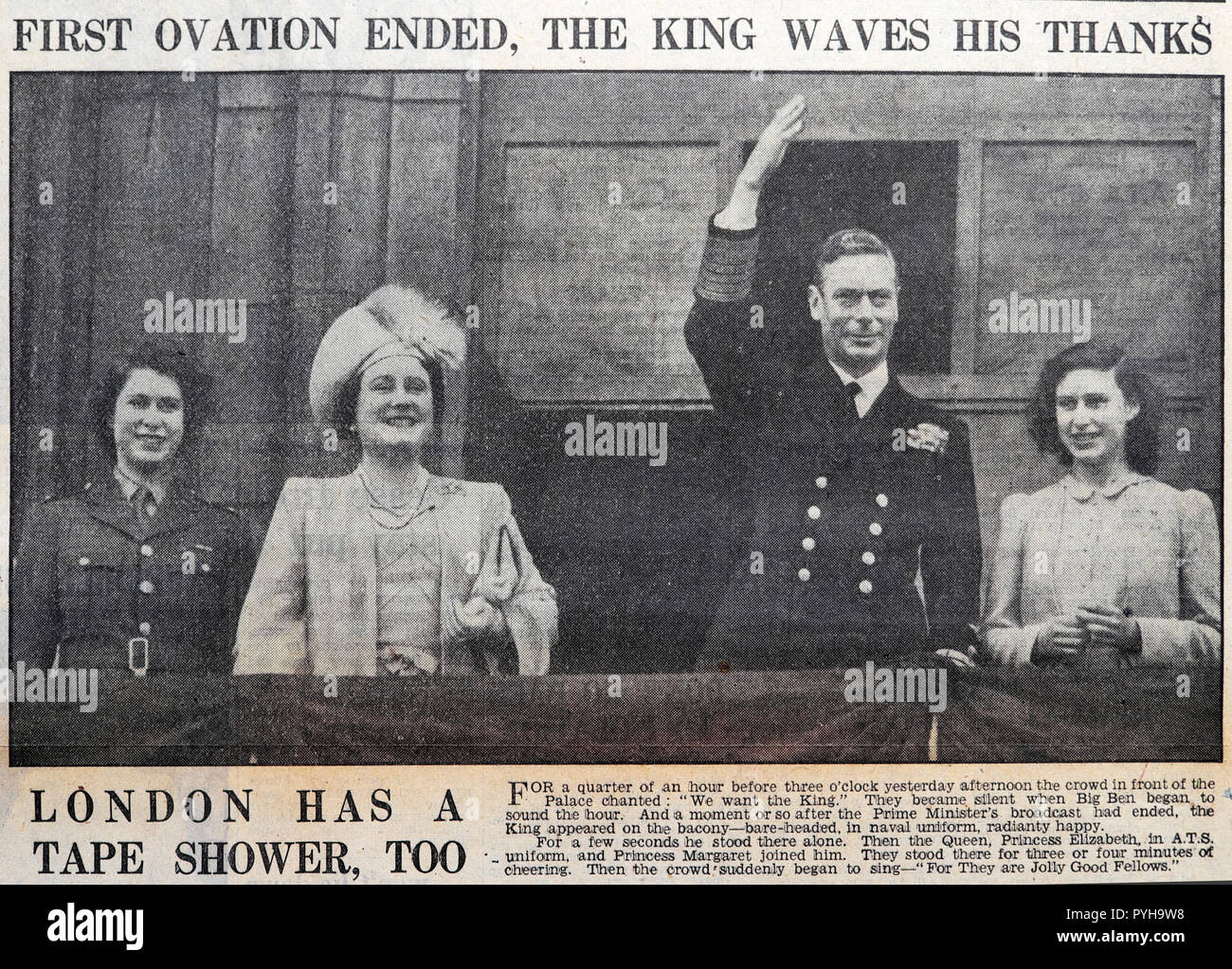 Newspaper Royal Family father King George VI & Queen mother & princesses Elizabeth, Margaret wave to crowd at end of war after VE Day on 9 May 1945 UK Stock Photo