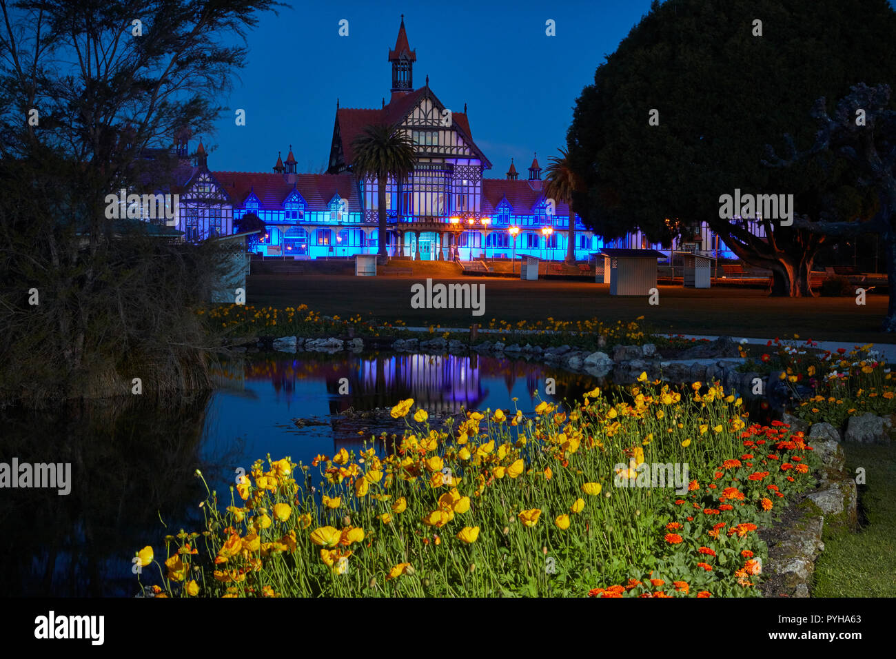 Bath House at dusk, Government Gardens, Rotorua, North Island, New Zealand Stock Photo