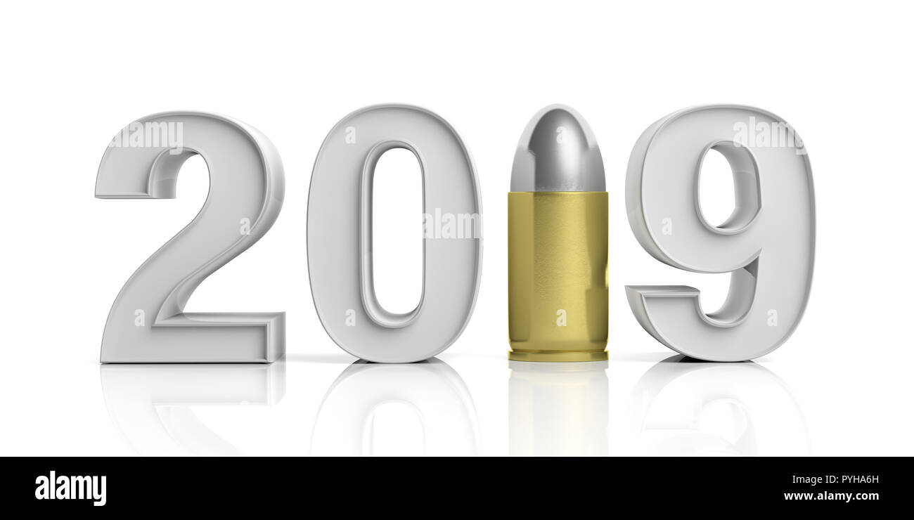 Army and 2019 concept. New year 2019 with military bullet isolated on white background. 3d illustration Stock Photo