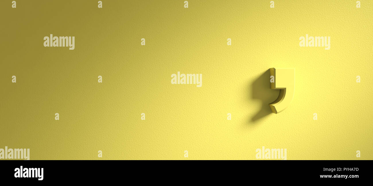 Comma mark on pastel yellow wall background, banner, copy space. 3d illustration Stock Photo