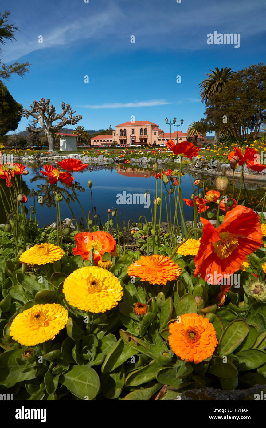 Flowers and Blue Baths, Government Gardens, Rotorua, North Island, New Zealand Stock Photo