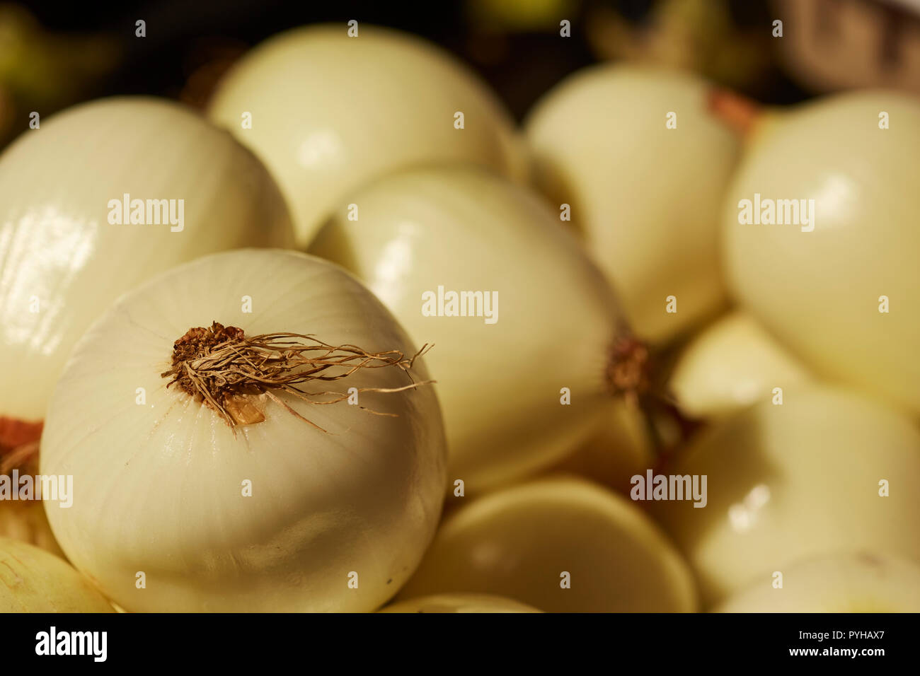 yellow onions on display at a roadside market in Amish Country