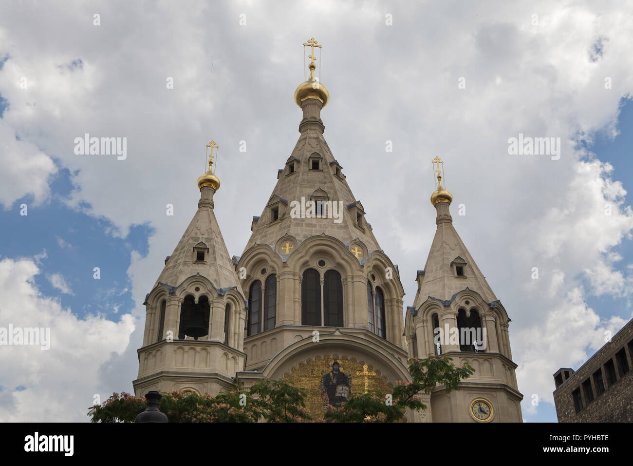 Alexander Nevsky Cathedral (Cathédrale Saint-Alexandre-Nevsky) in Paris, France. The Russian Orthodox cathedral designed by Russian architects Roman Kuzmin and Ivan Strom was completed in 1861. Stock Photo
