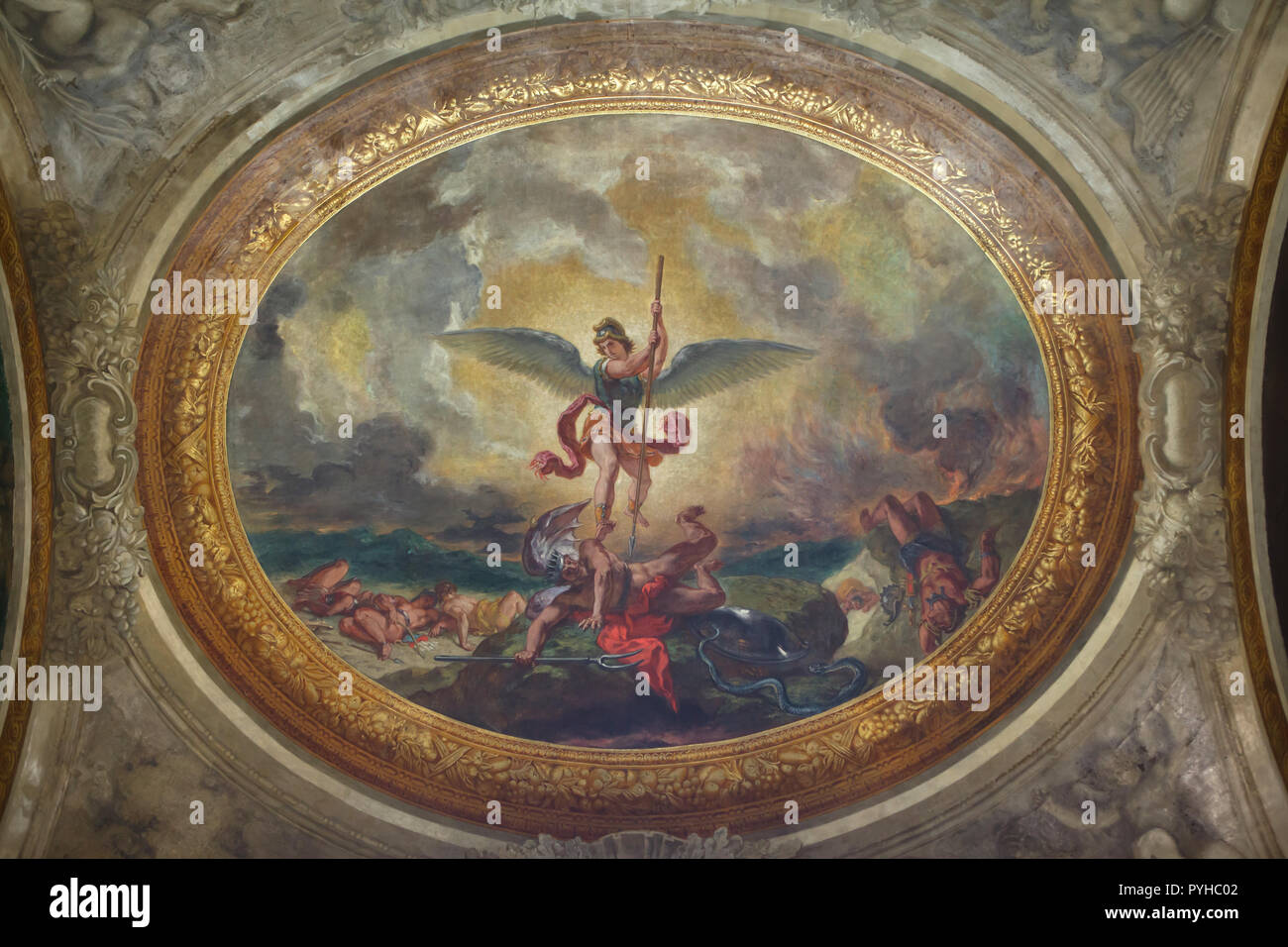 Archangel Michael vanquishing the Devil. Mural ceiling painting by French Romantic painter Eugène Delacroix (1855–1861) in the Chapel of the Holy Angels in the Church of Saint-Sulpice (Église Saint-Sulpice) in Paris, France. Stock Photo