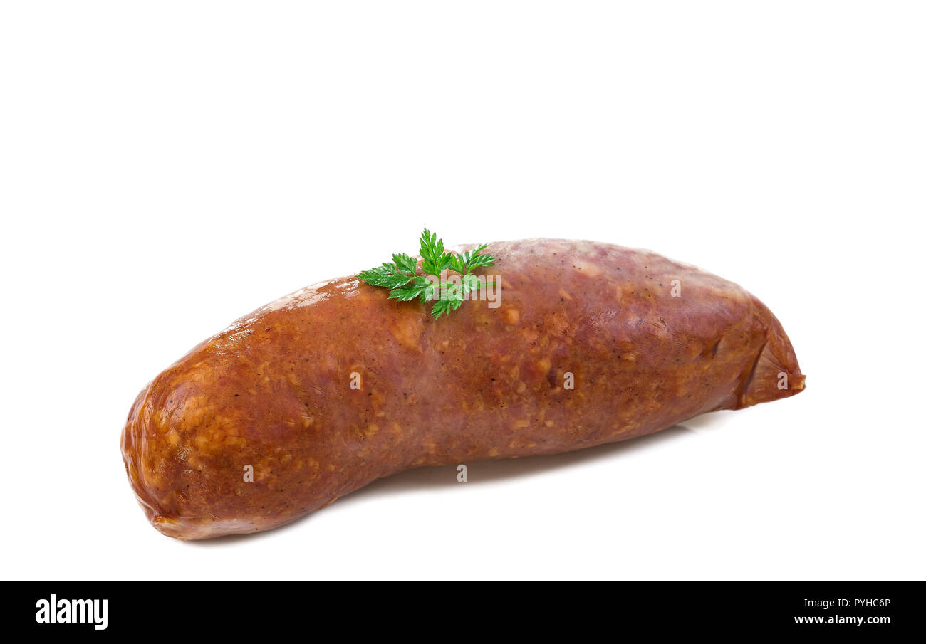 Morteau sausages wirg parsley in front of white background Stock Photo
