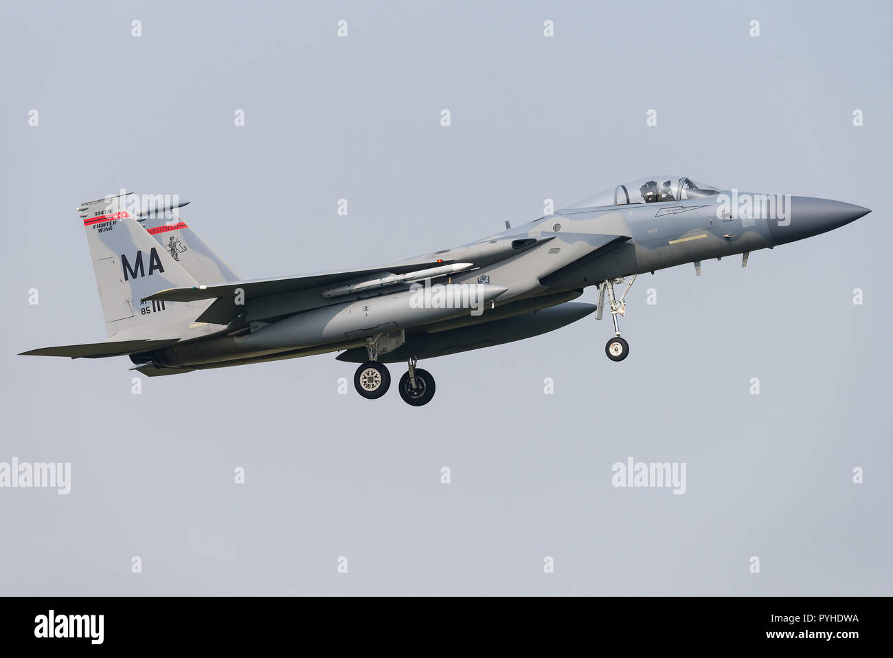 A McDonnell Douglas F-15E Strike Eagle fighter jet of the United States Air Force at the Leeuwarden airbase in The Netherlands. Stock Photo