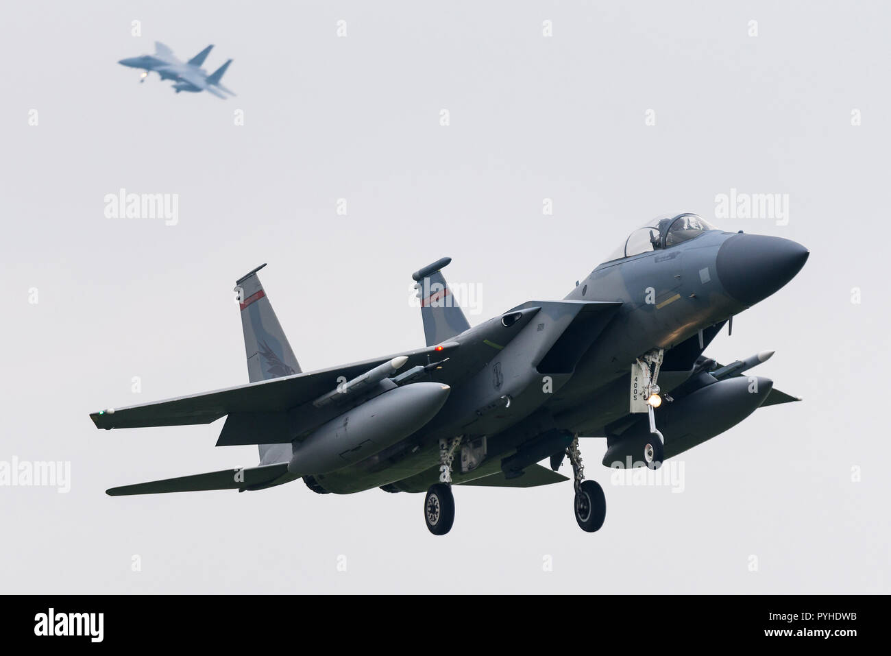 A McDonnell Douglas F-15E Strike Eagle fighter jet of the United States Air Force at the Leeuwarden airbase in The Netherlands. Stock Photo