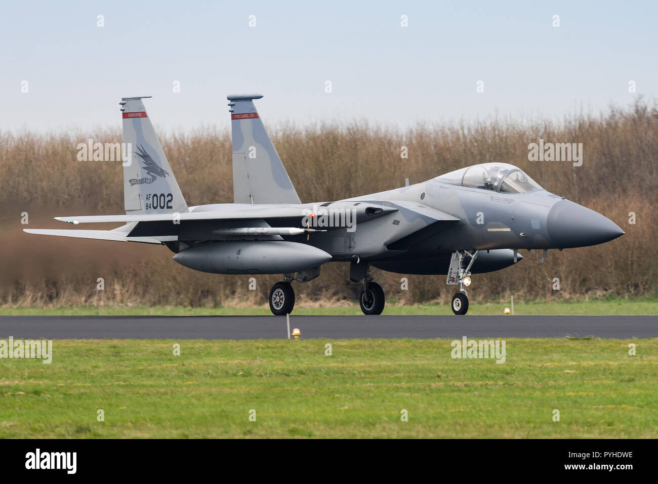 A McDonnell Douglas F-15E Strike Eagle fighter jet of the United States Air Force at the Leeuwarden airbase in The Netherlands. Stock Photo