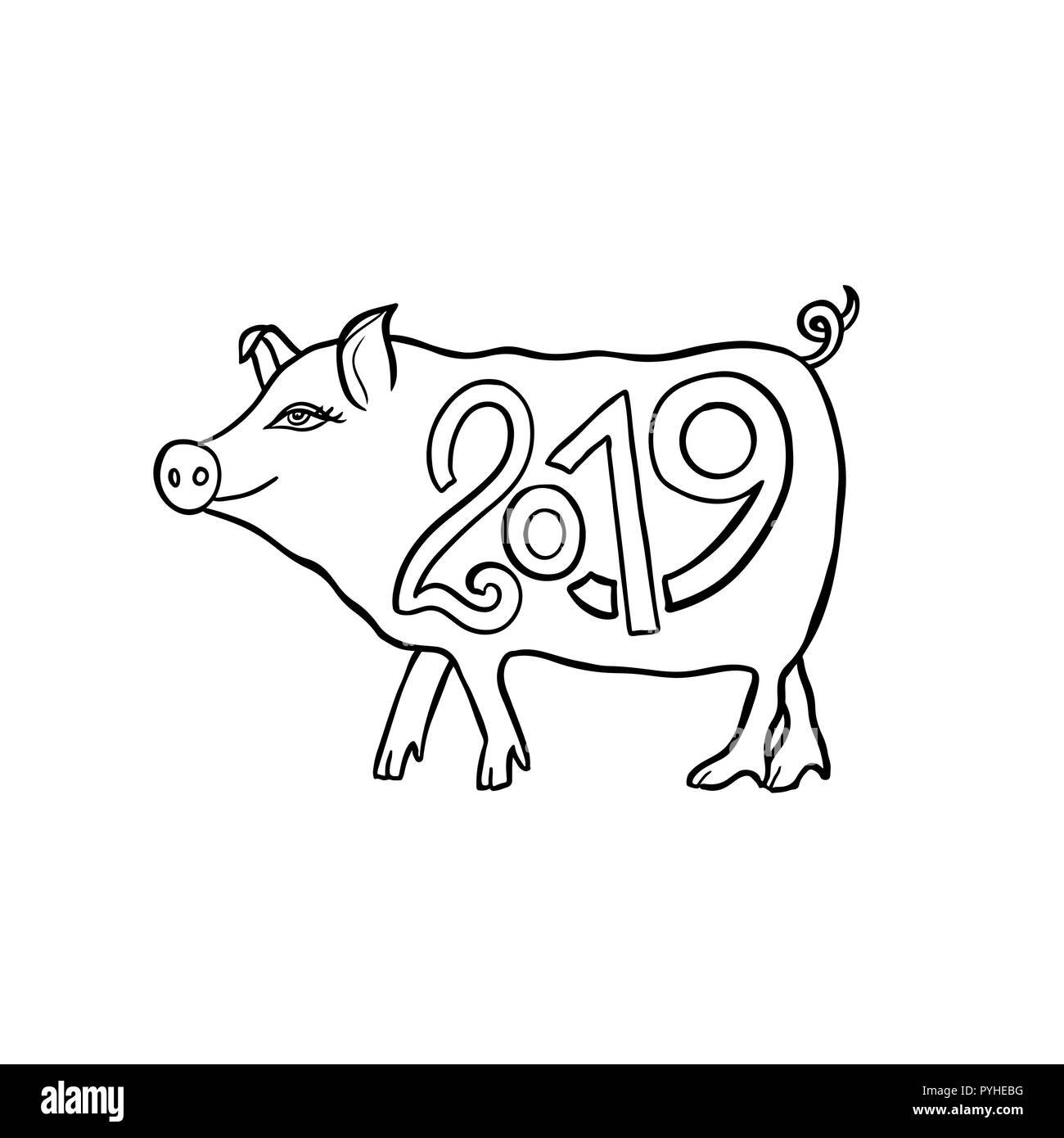 Asian new year sign. Funny pig. 2019 vector illustration. Stock Vector