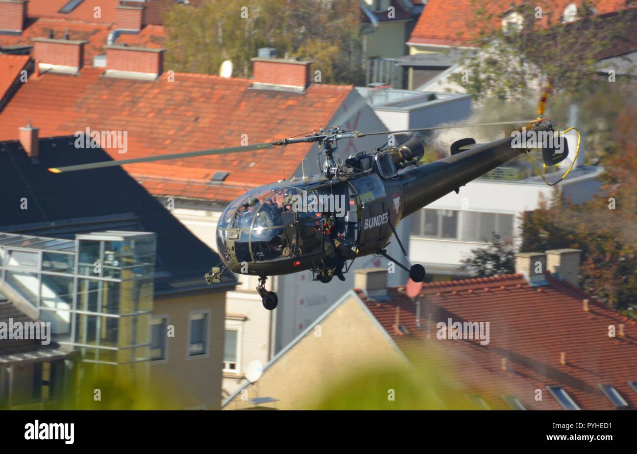 Close up of an Alouette III of the austrian air force during a recovery display on the 26th of October 2018 ( Nationalfeiertag) from Schlossberg, Graz Stock Photo