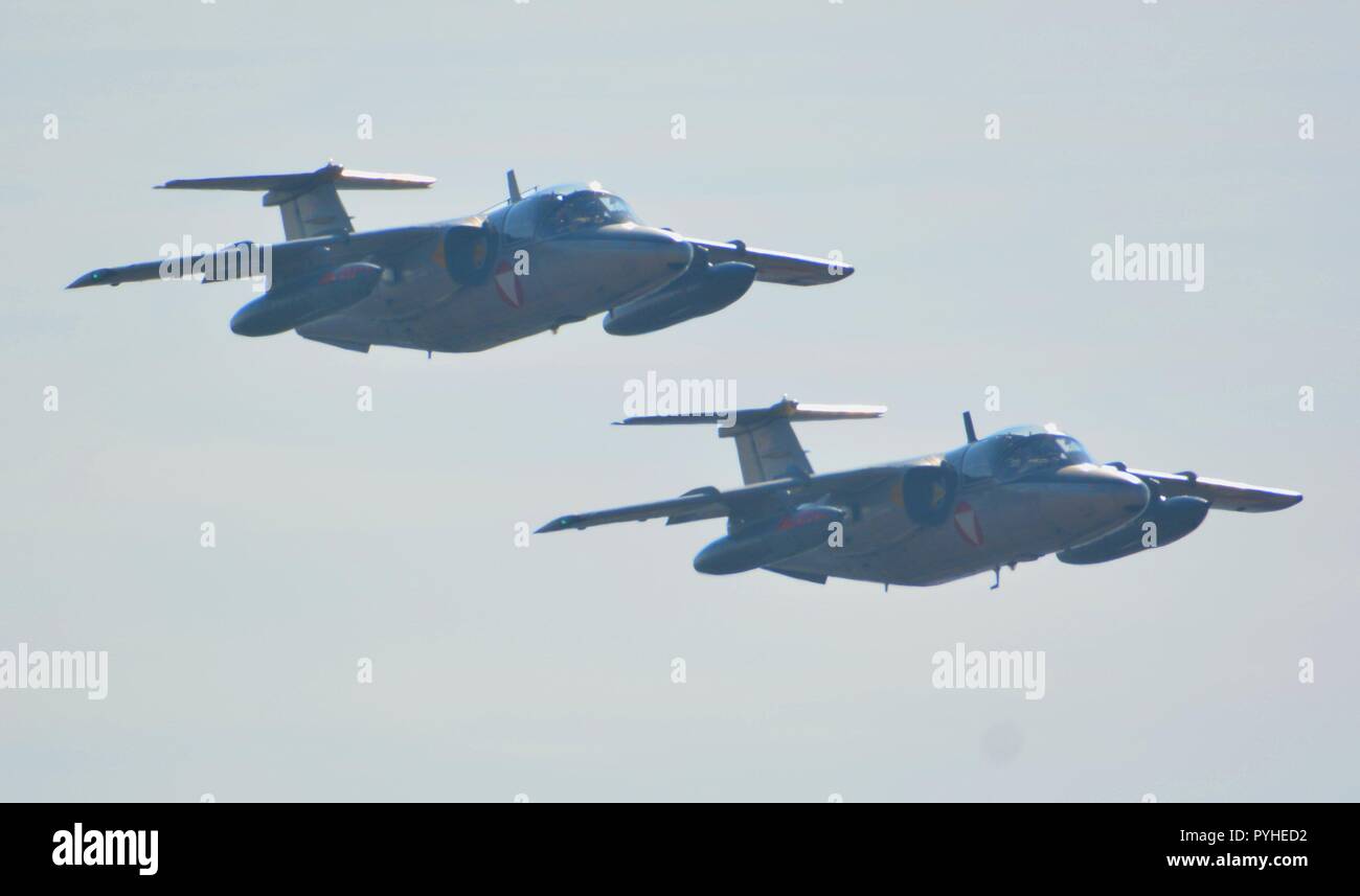 Fly-by of two Saab105 of the austrian air force on the 26th of October 2018 ( Nationalfeiertag) from Schlossberg, Graz, Austria. Stock Photo
