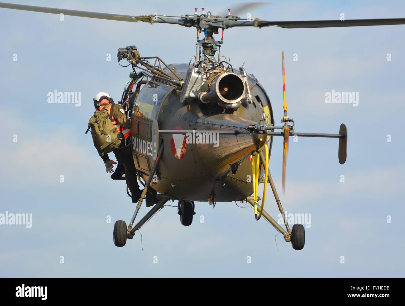 Close up of an Alouette III of the austrian air force during a recovery display on the 26th of October 2018 ( Nationalfeiertag) with rescuer on a rope Stock Photo