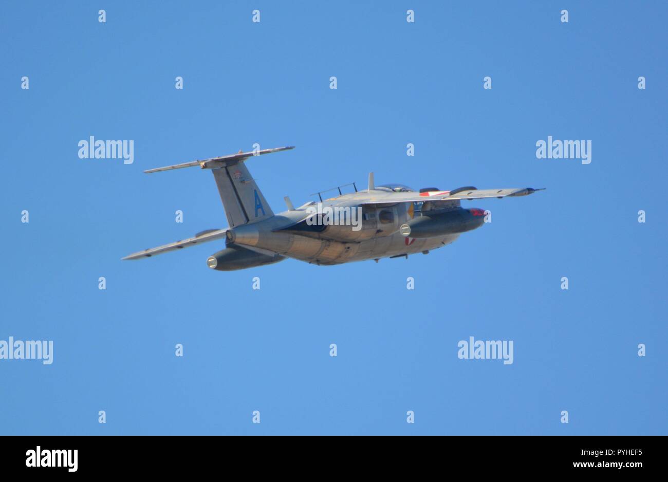 Close up of a Saab105 of the austrian air force during a fly-by on the 26th of October 2018 ( Nationalfeiertag) from Schlossberg, Graz, Austria. Stock Photo