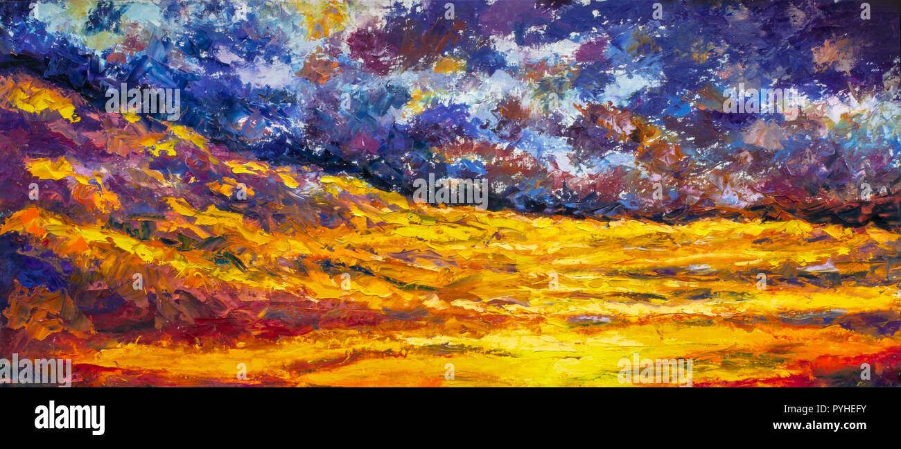 Starry sky over the yellow desert impasto art abstract painting - impressionism landscape, expressionism Stock Photo