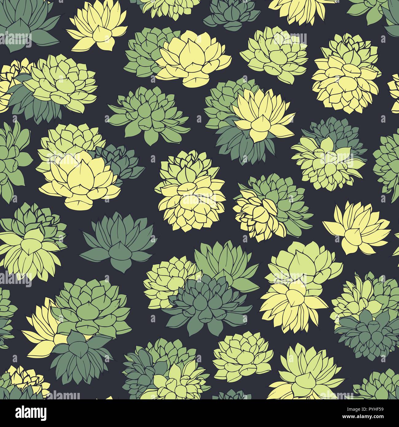 Colorful hand drawn vector succulents seamless pattern in green and yellow colors on black background. Floral design. Stock Vector