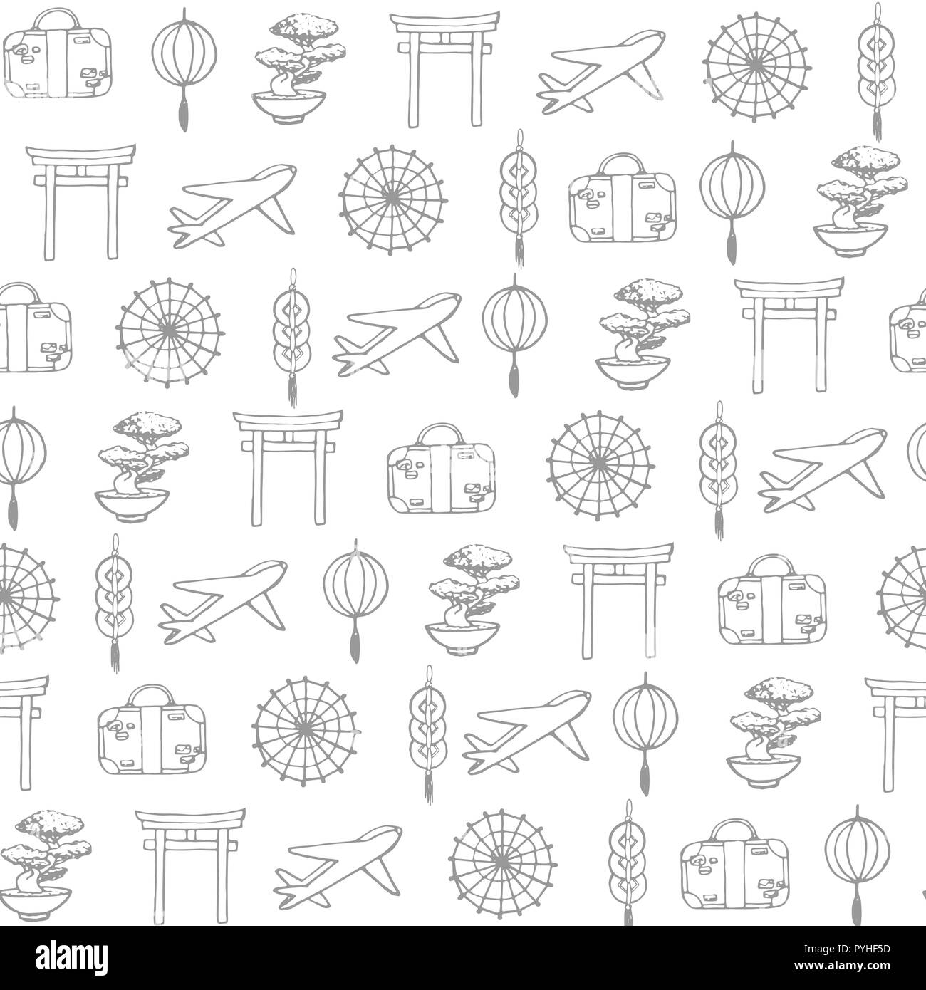 Hand drawn vector travel to asia seamless pattern containing oriental elements contours: umbrellas, planes, suit cases, coins, lanterns, bonsai and to Stock Vector