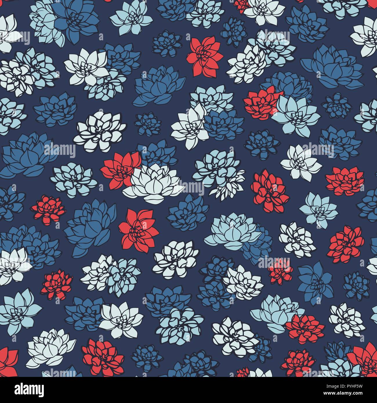 Colorful Hand Drawn Vector Lilies Silhouettes Seamless Pattern In Red And Blue Colors On Dark Navy Background Vintage Floral Design Stock Vector Image Art Alamy