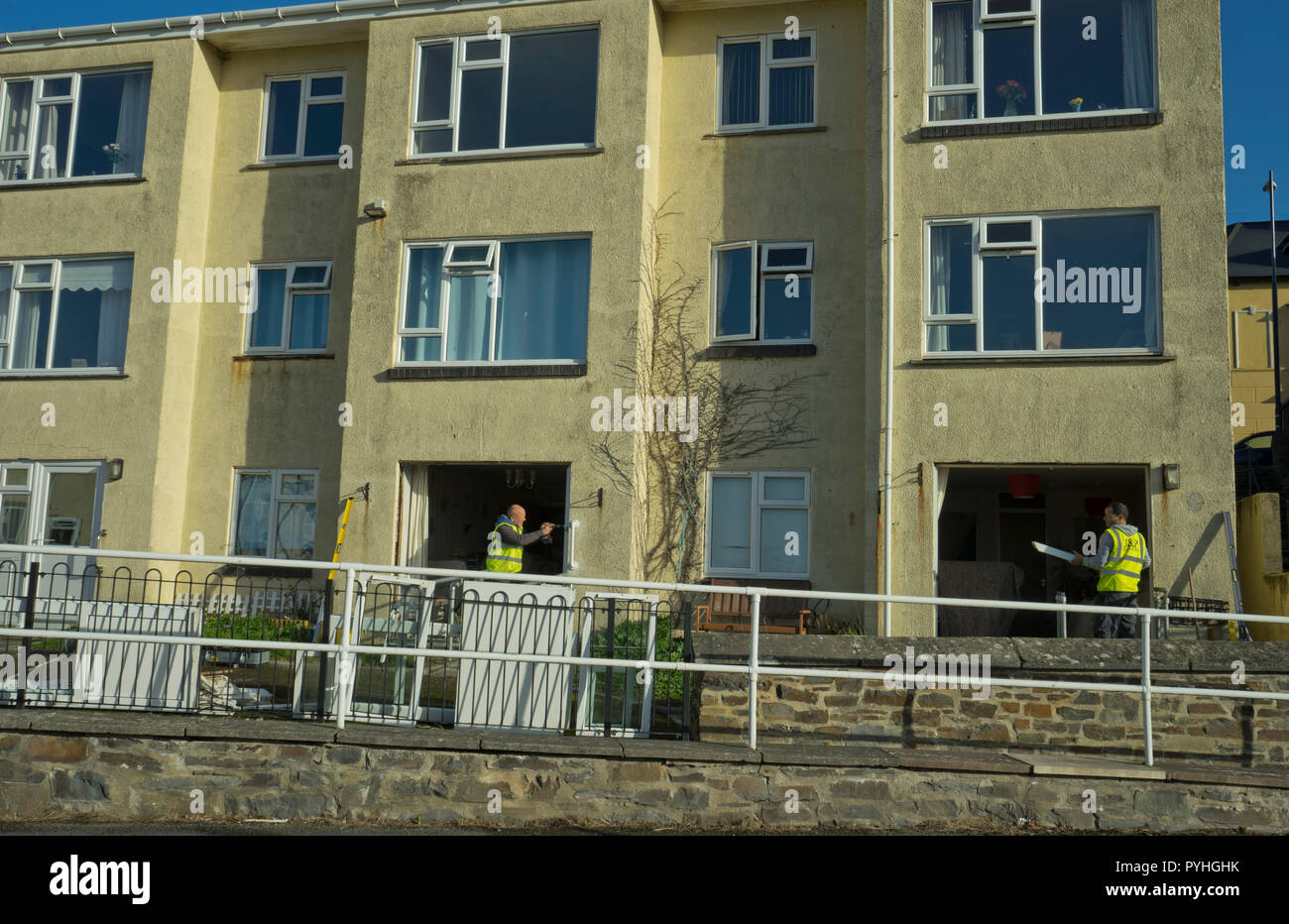 Social housing council block of flats being serviced in Aberystwyth