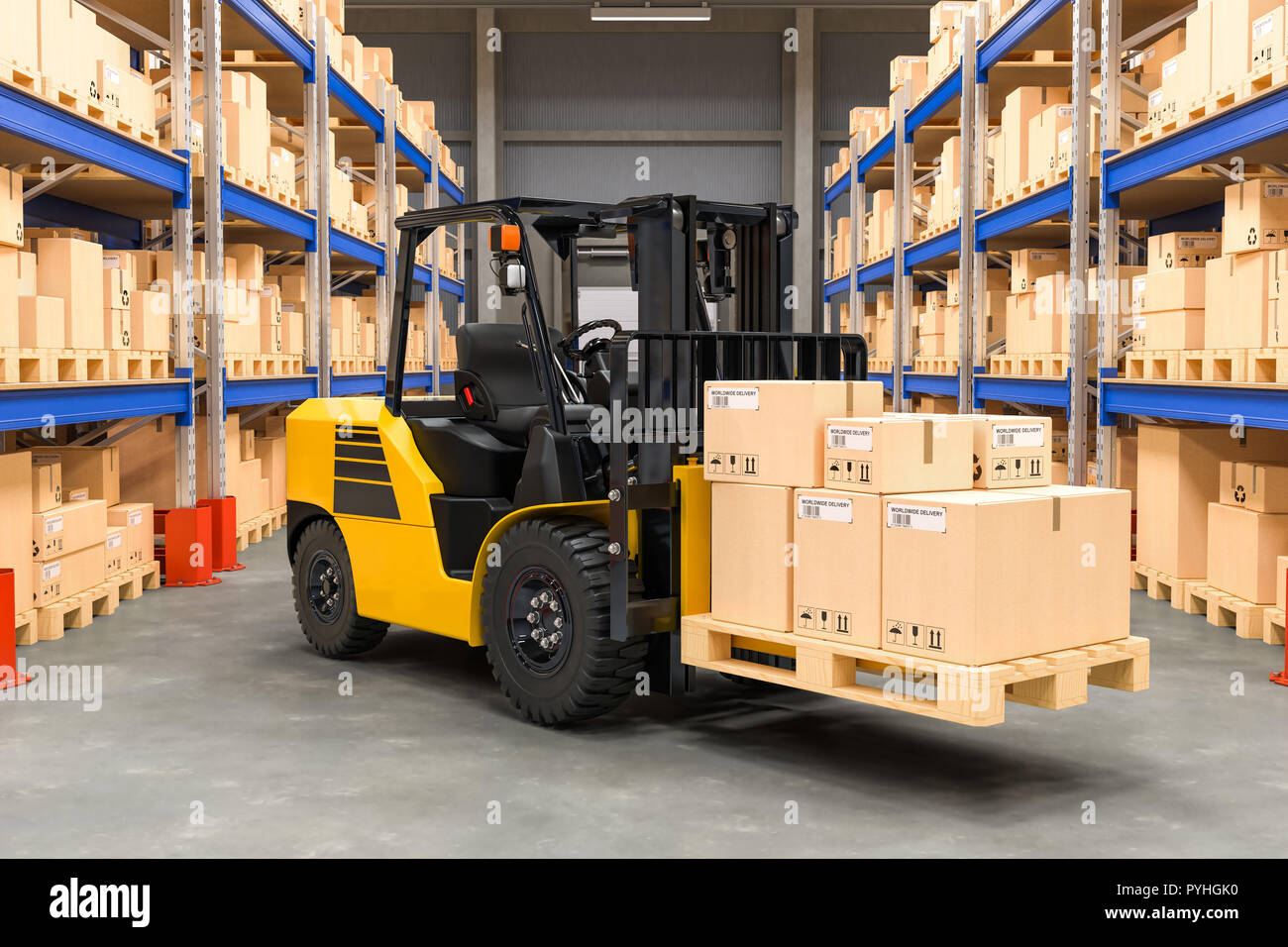 Forklift truck with cardboard boxes in warehouse, 3D rendering Stock ...