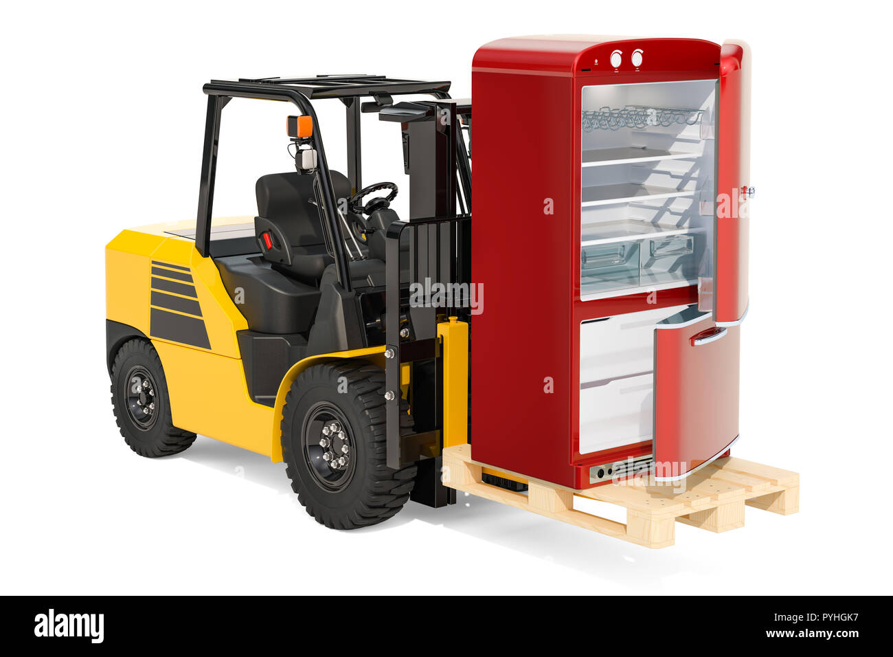 Forklift truck with fridge on the pallet. Delivery of kitchen appliance