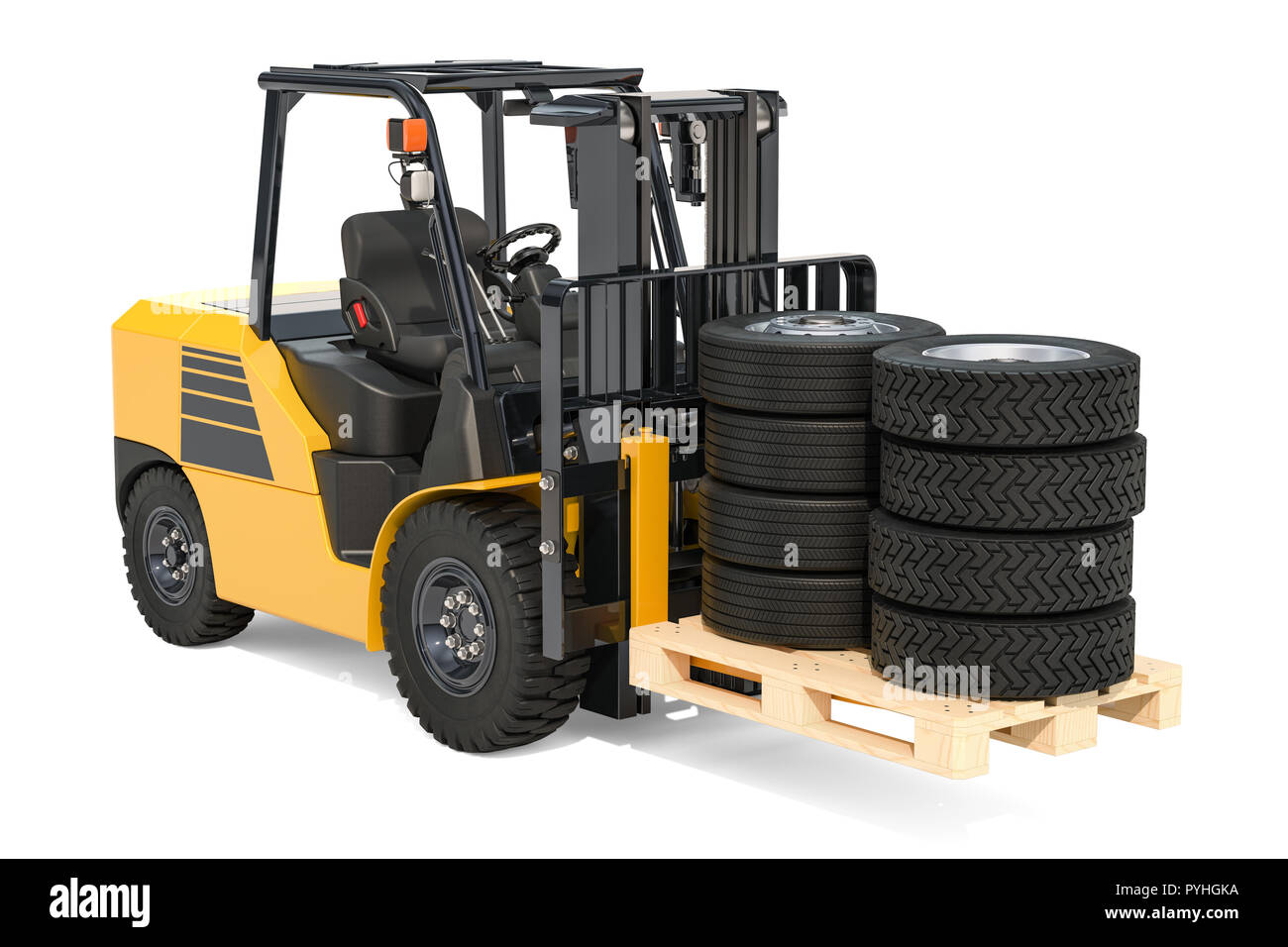 Forklift truck with truck wheels. 3D rendering isolated on white background Stock Photo