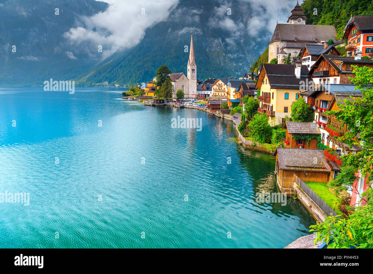 Famous Alpine Village With Spectacular Lake On Cloudy Day Near Salzburg Hallstatt Salzkammergut Austria Europe Stock Photo Alamy