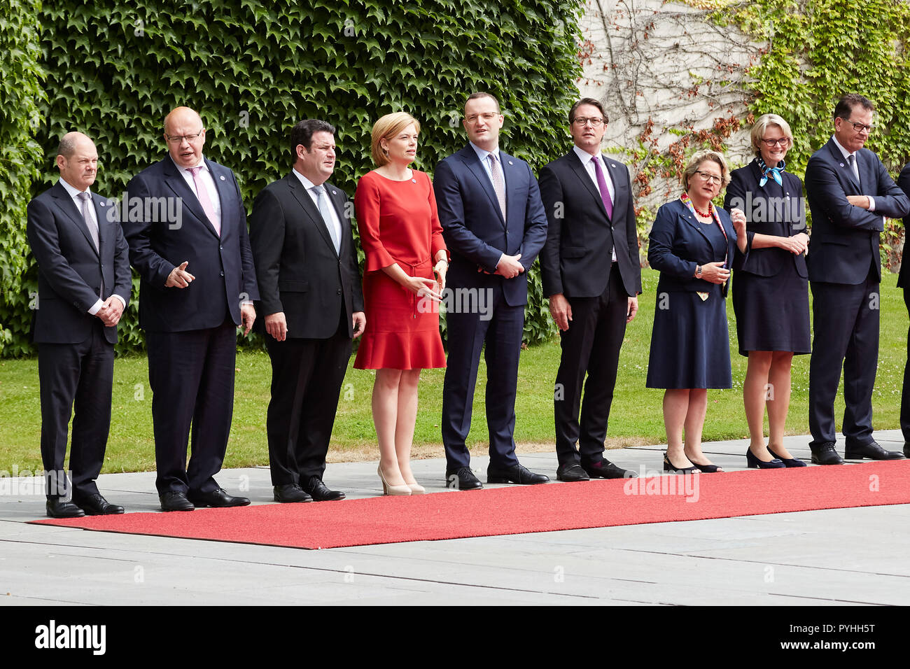 Berlin, Germany - The federal cabinet is standing on the red carpet during the state visit of the Chinese Prime Minister in the Federal Chancellery's courtyard of honour. Stock Photo