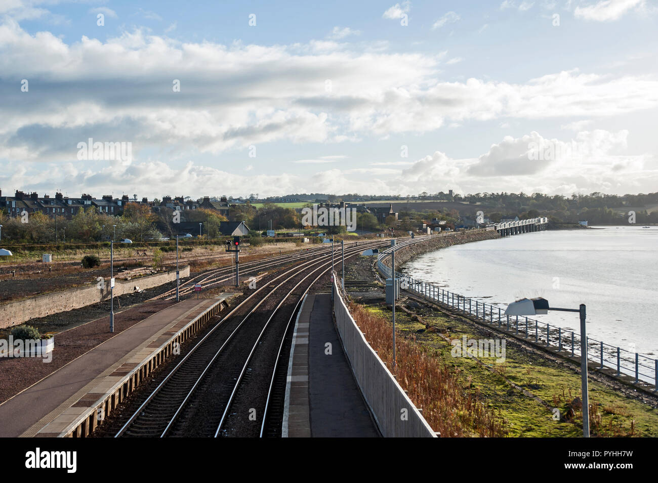 View of Montrose Railway Bridge, Angus, Scotland from bridge across railway lines at Montrose Station. Stock Photo