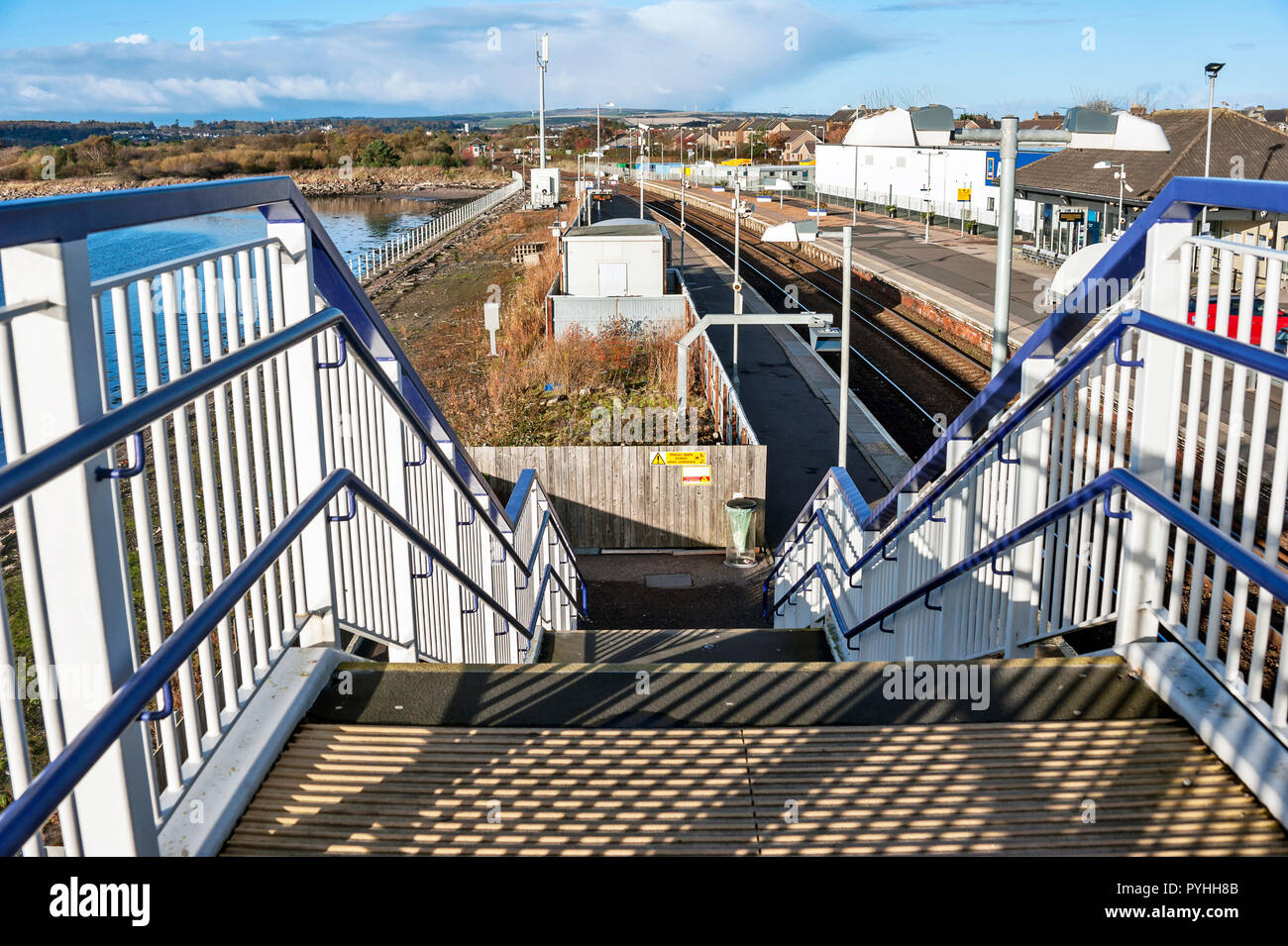 View of Montrose Station, Angus, Scotland from bridge across railway lines. Stock Photo