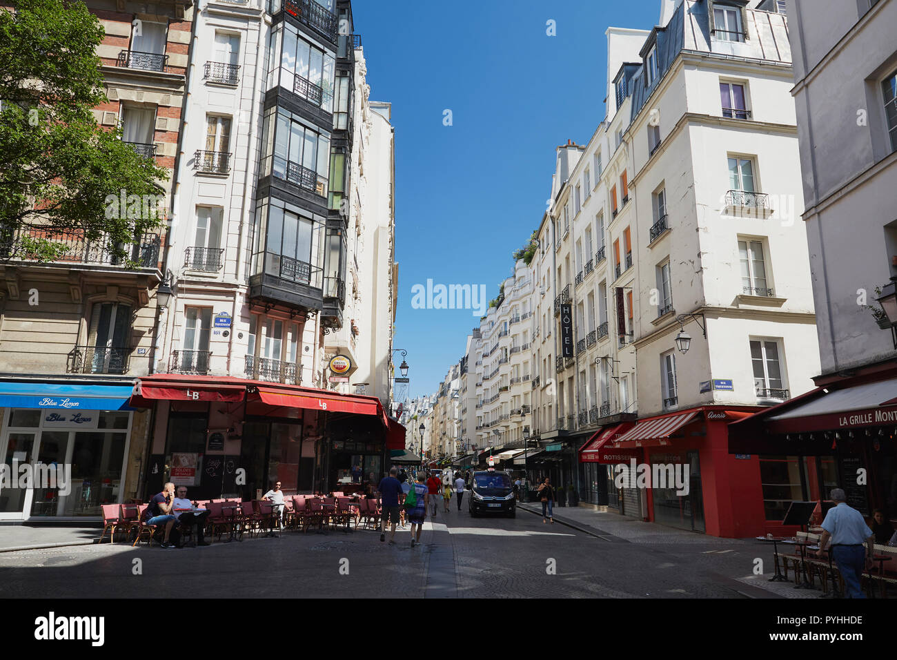 Paris, Ile-de-France, France - View into the Rue Montorguell in the 2nd arrondissement with the Cafe LB at the corner to the Rue Tiquetonne. Stock Photo