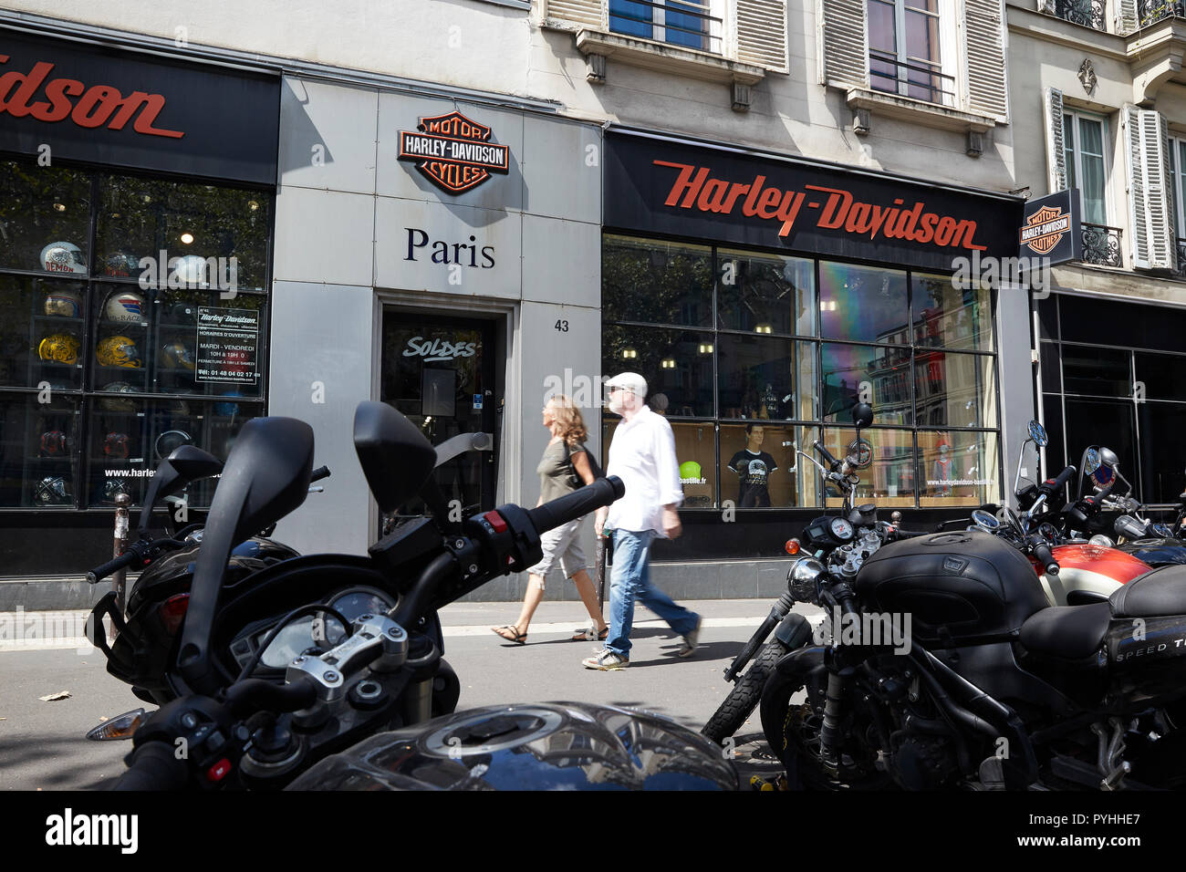 Paris, Ile-de-France, France - The Harley-Davidson Paris-Bastille branch on Boulevard Beaumarchais in the 3rd arrondissement. Stock Photo
