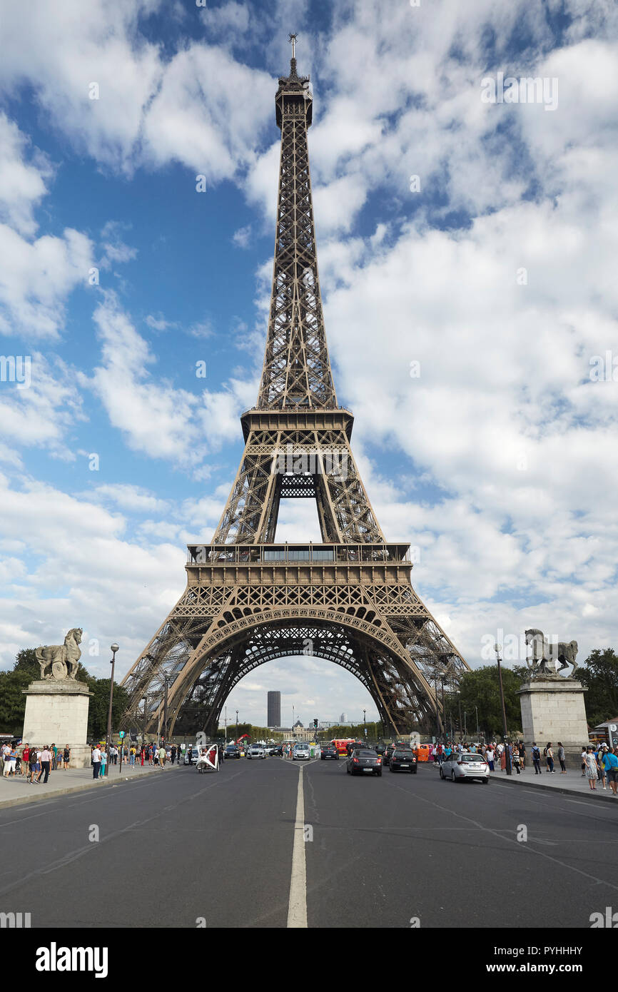 Paris, Ile-de-France, France - View from the bridge Pont d'Iéna to the Eiffel Tower - the main landmark of the French capital. Stock Photo