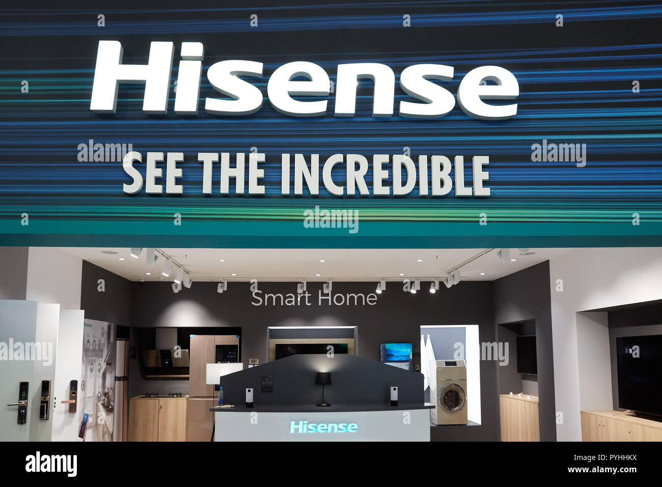 Berlin, Germany - Presentation of innovations and applications in the field of Smart Home at the booth of the Chinese company Hisense at IFA 2018. Stock Photo