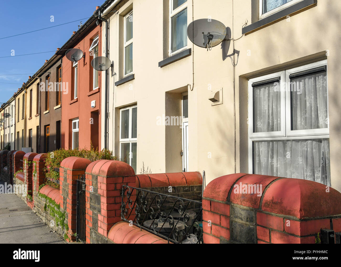 ABERAMAN, NEAR ABERDARE, WALES OCTOBER 2018 Row of terraced houses