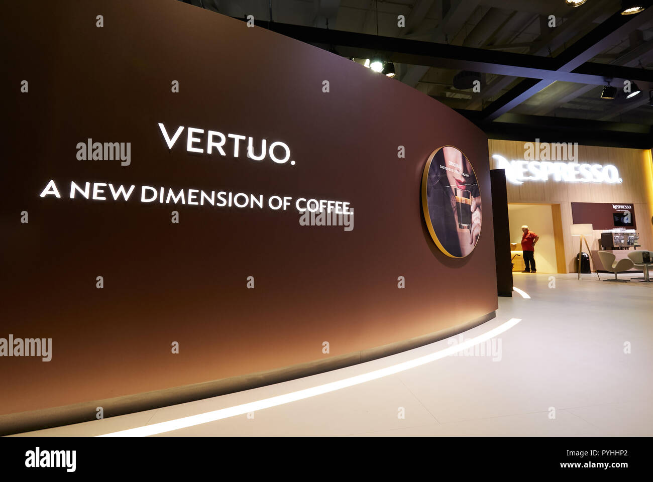 Berlin, Germany - NESPRESSO presents the new product VERTOU in the capsule coffee segment at the IFA 2018 booth. Stock Photo