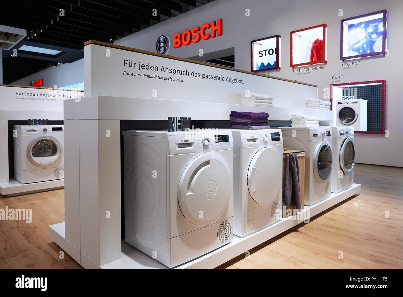 Berlin, Germany - The German company BOSCH will be showcasing its laundry care and washing machine innovations at IFA 2018. Stock Photo