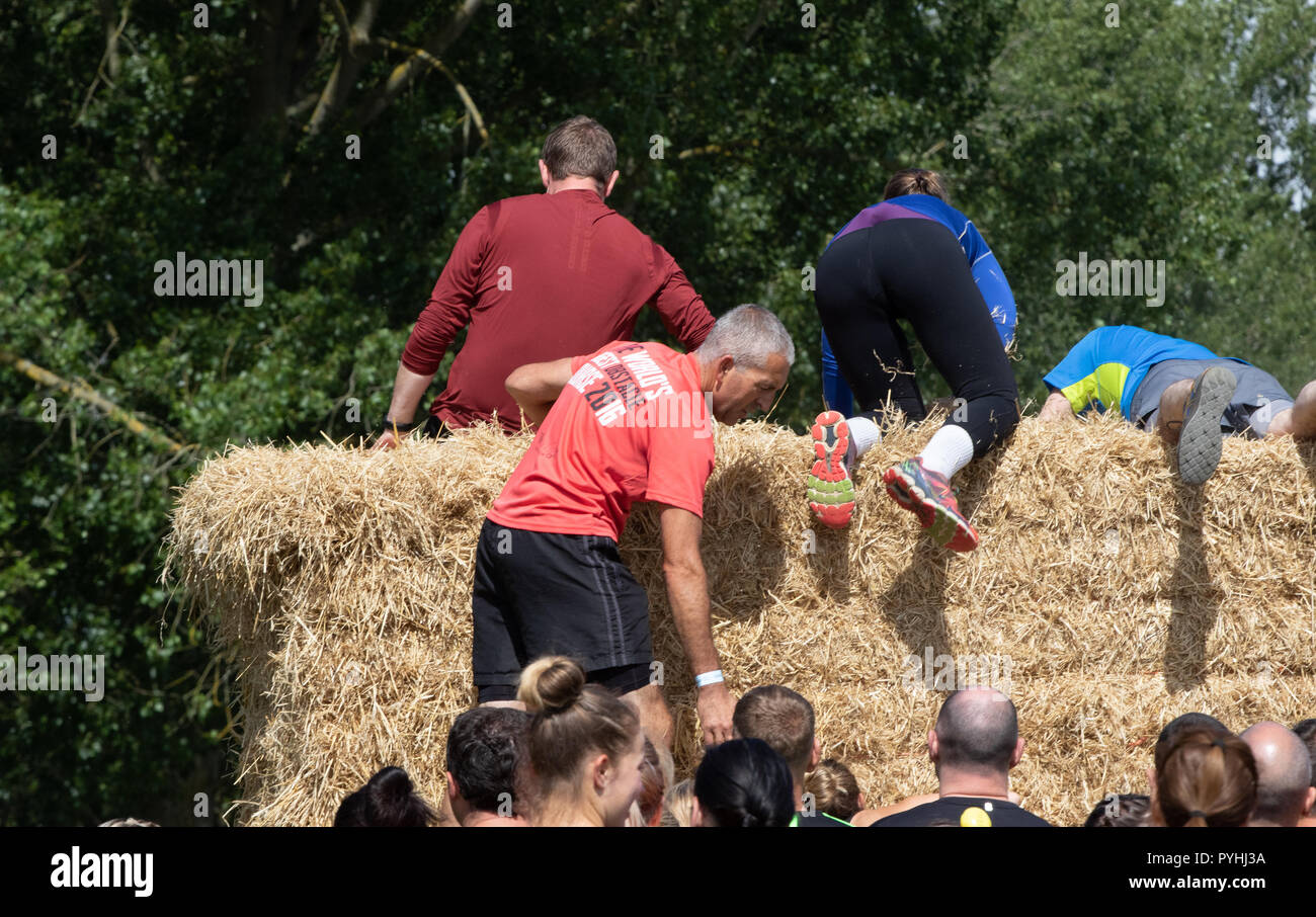 Obstacle course runners climbing a straw bale wall Stock Photo Alamy