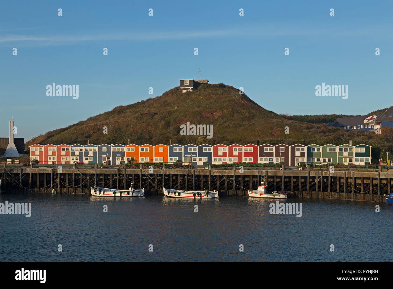 Hummerbuden (lobster huts) and inner harbour, Heligoland, Schleswig-Holstein, Germany Stock Photo