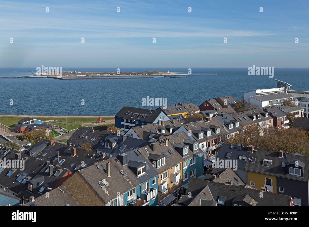 Unterland (lower country) with Hotel atoll helgoland, in the background the Duene, Heligoland, Schleswig-Holstein, Germany Stock Photo