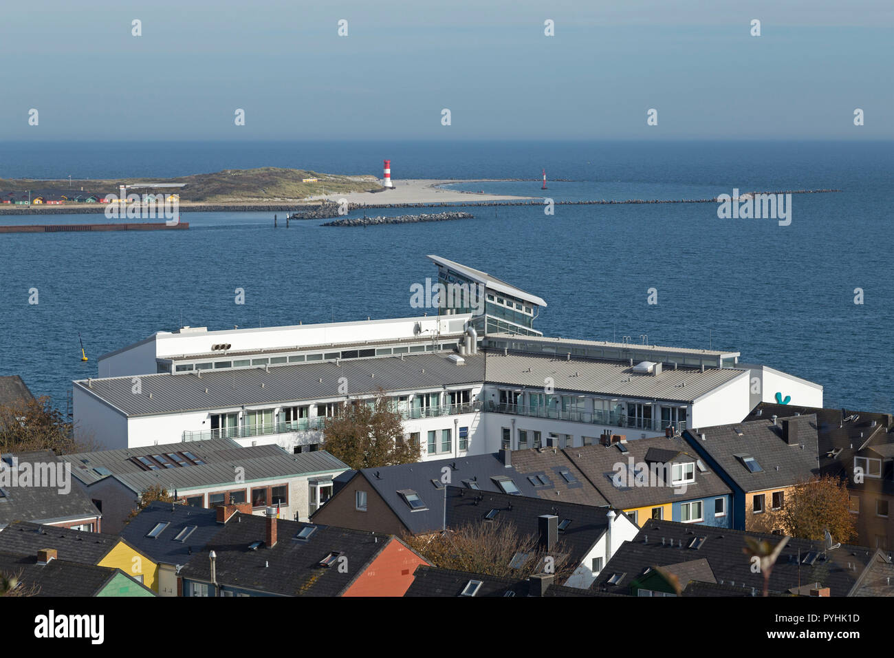 Unterland (lower country) with Hotel atoll helgoland, in the background the Duene, Heligoland, Schleswig-Holstein, Germany Stock Photo