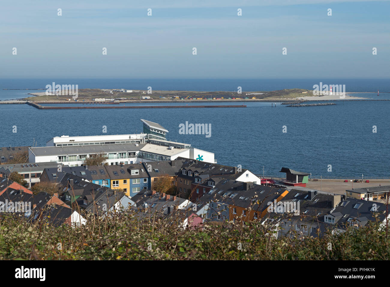 Unterland (lower country) with Hotel atoll helgoland, in the background the Duene, Heligoland, Schleswig-Holstein, Germany Stock Photo