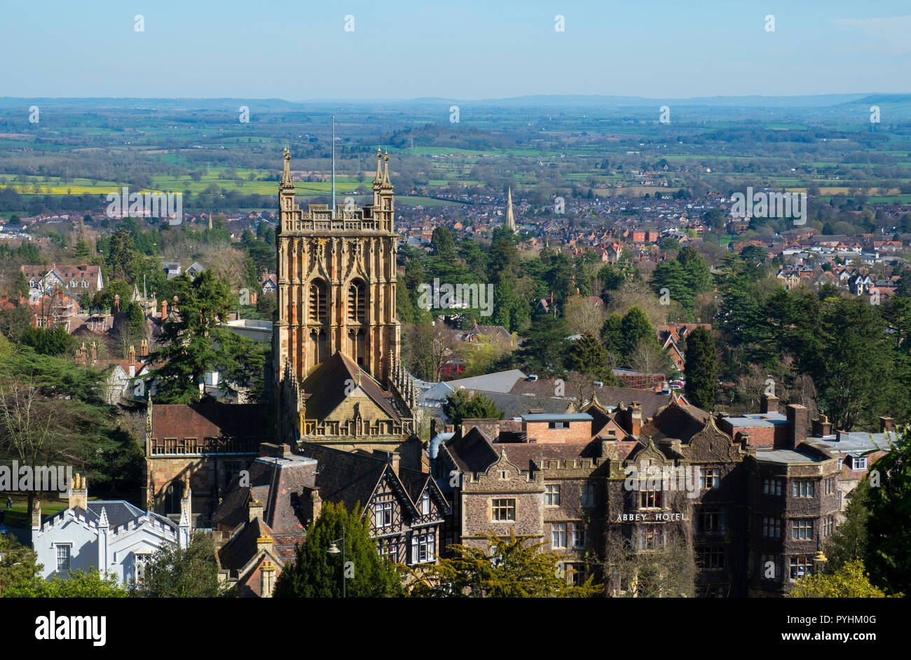 Great Malvern Priory and the Abbey Hotel, Great Malvern, Worcestershire, England, Europe Stock Photo