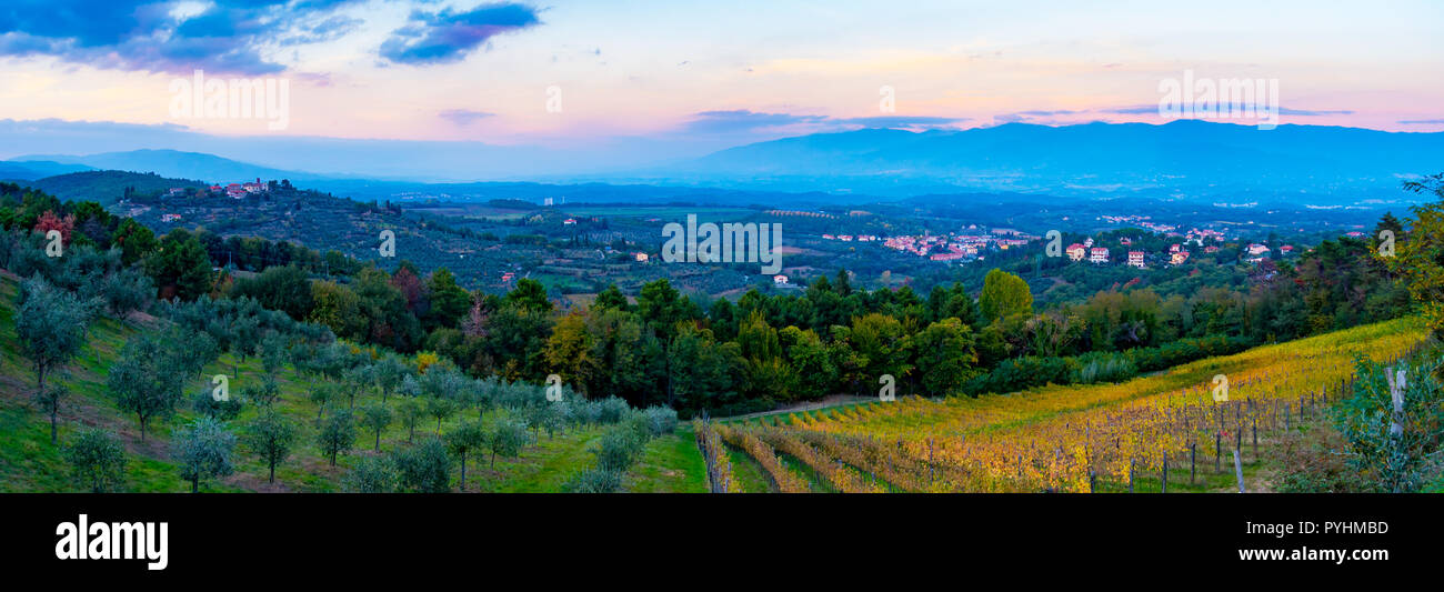 Sunset panoramic view over Cavriglia and Valdarno from a hill covered in olive trees and vineyards in autumn, Tuscany, Italy Stock Photo