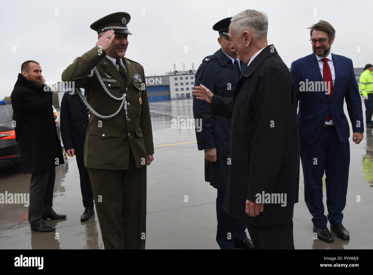 U.S. Secretary of Defense James N. Mattis greets Czech Republic Sgt. Maj. Ludek Kolesa, upon arrival in Prague, Czech Republic, Oct. 28, 2018. DOD photo by Lisa Ferdinando) Stock Photo