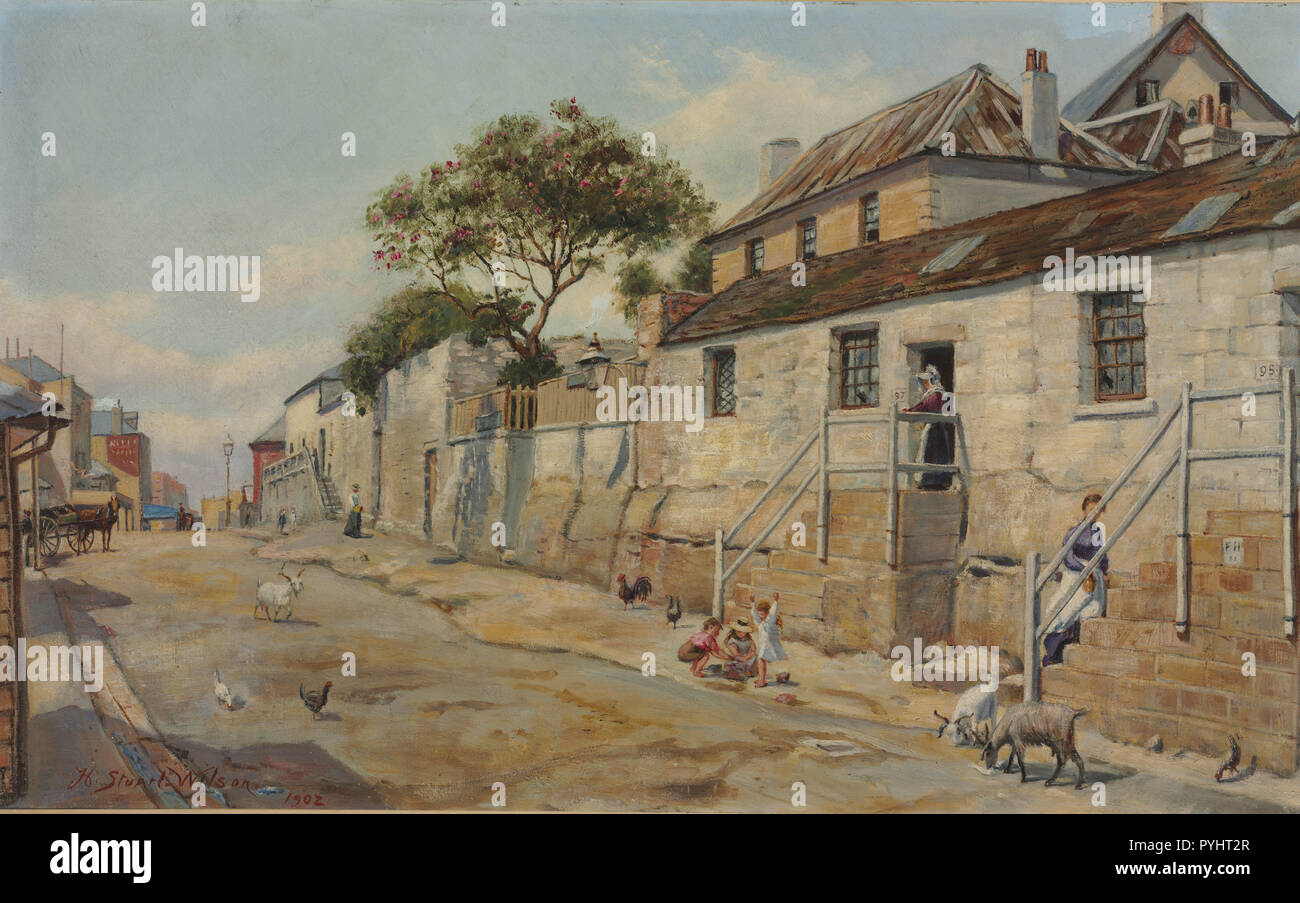 95 and 97  Cumberland St H Stuart Wilson, 1902 Painting The Rocks, the loss of Old Sydney 1902.jpg - PYHT2R Stock Photo